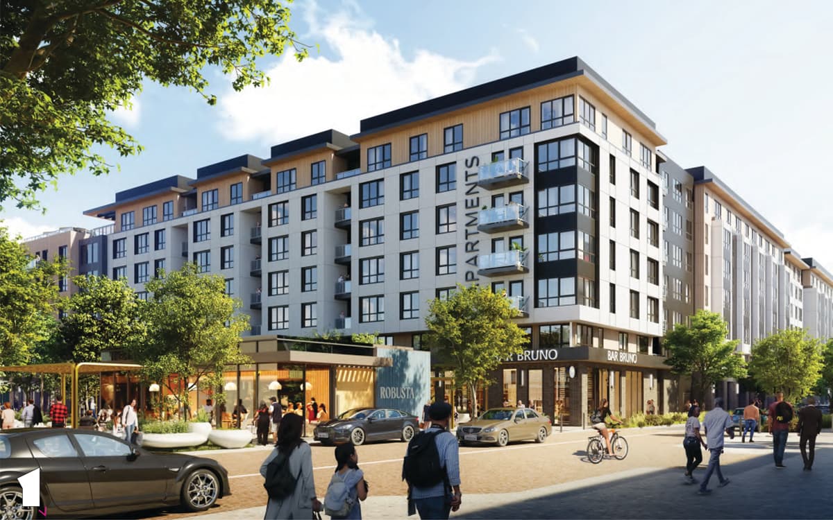 rendering showing people interacting with ground-level public spaces with residential building in the background.